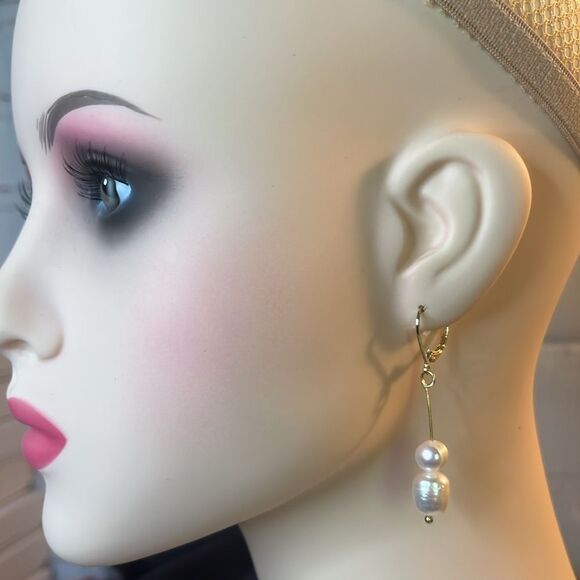 9-10mm Double Pearl Bar Dangle Earrings 14Yg/ 925 silver - Picture 2 of 7